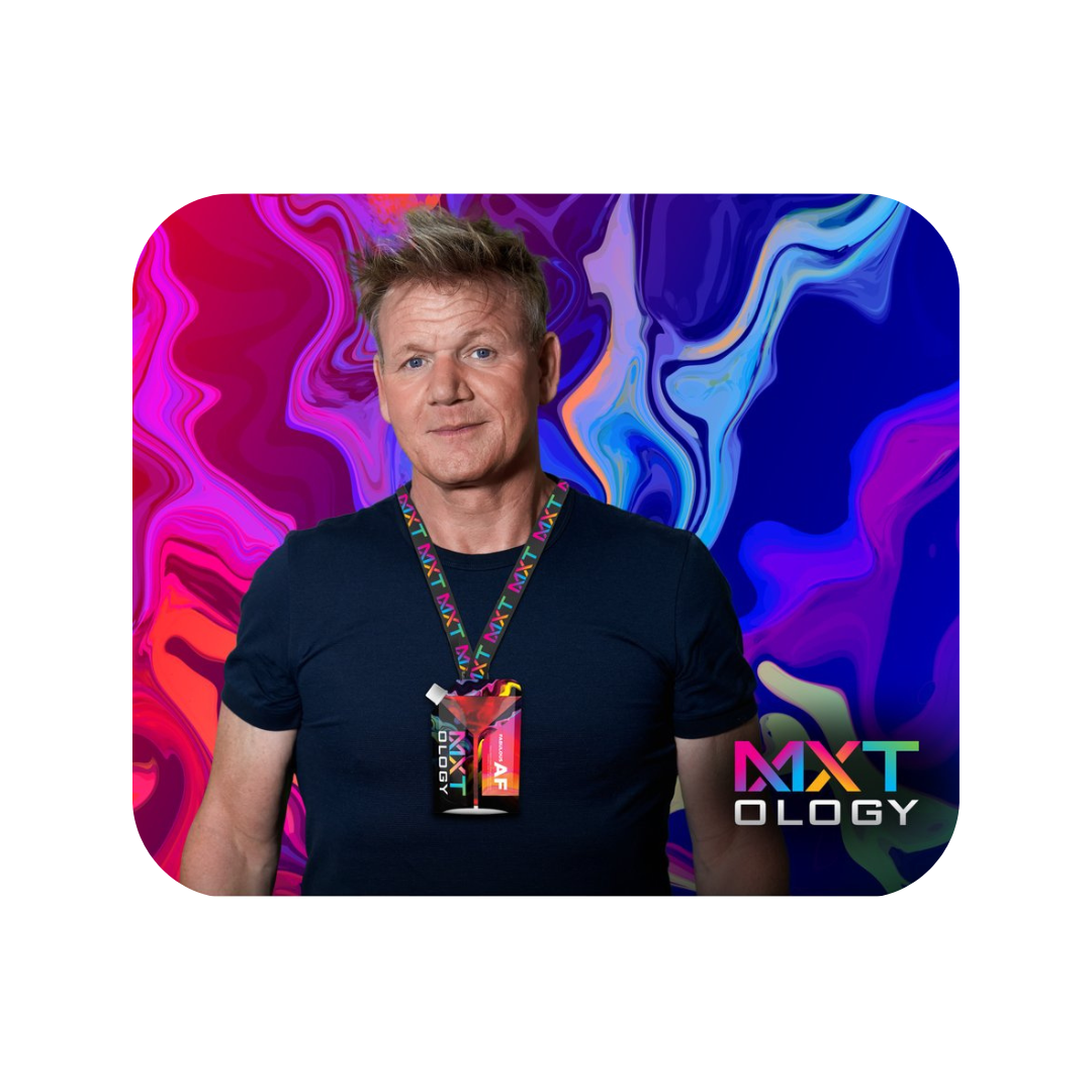 Gordan Ramsay wearing MXTology cocktail pouch around his neck infant of MXTology branded backdrop