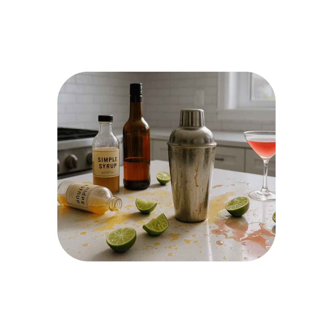 Messy cocktail kitchen with half used syrups for cocktail creation and sticky sugar and lime juice everywhere