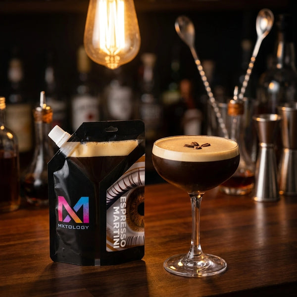 Espresso Martini MXTOLOGY cocktail pouch, shaken and activated with crema on top, beside a foamy coupe on a dark bar