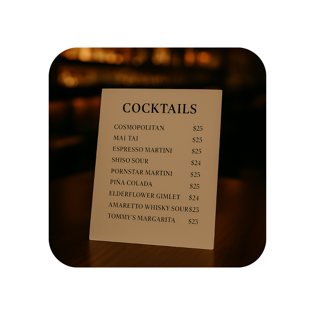 Elegant cocktail menu showcasing Cosmopolitan, Margarita, and Espresso Martini in a warmly lit romantic bar setting.