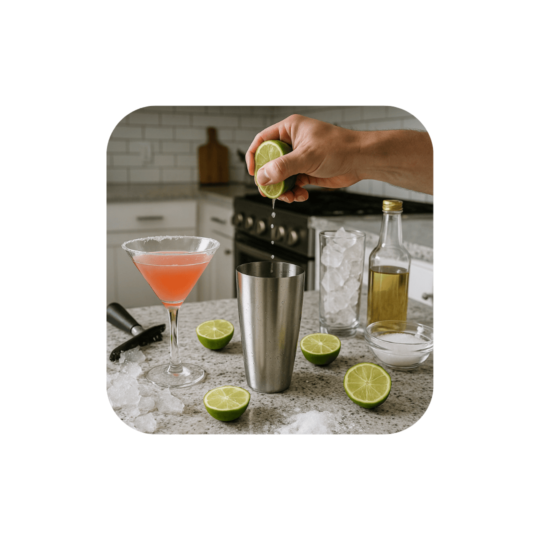 Squeezing limes to make cocktail in home kitchen with messy ice in background