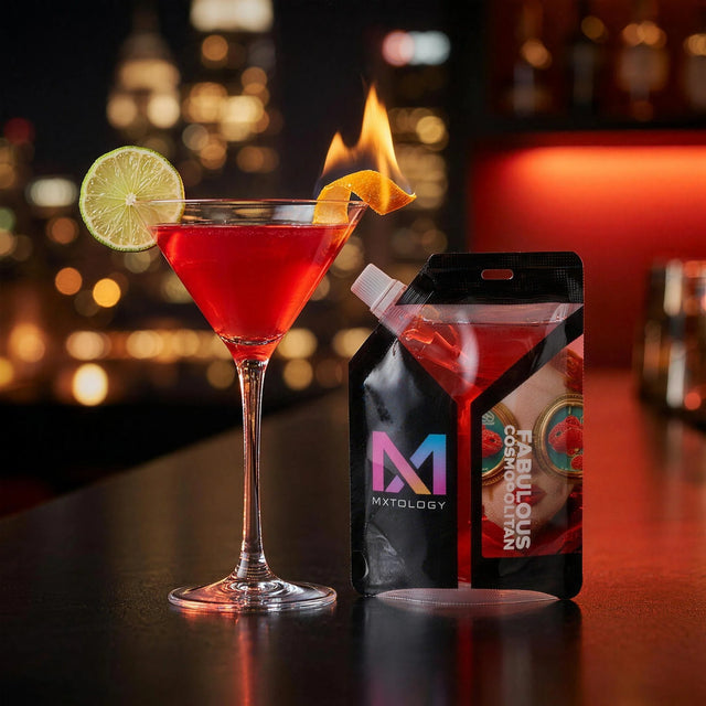 Fabulous Cosmopolitan cocktail beside the MXTOLOGY pouch