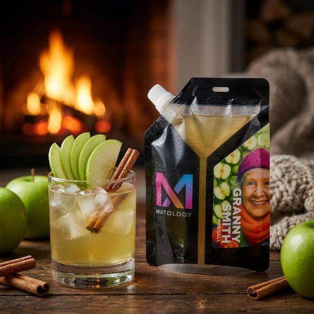 Granny Smith Fireball cocktail beside the MXTOLOGY pouch