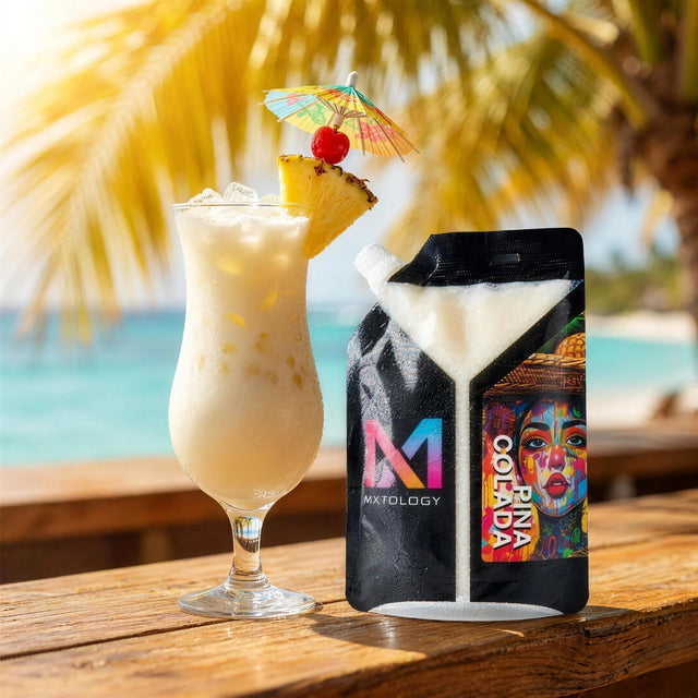 Pina Colada cocktail beside the MXTOLOGY pouch
