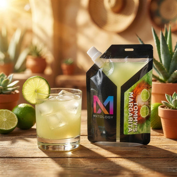 Tommys Margarita cocktail beside the MXTOLOGY pouch