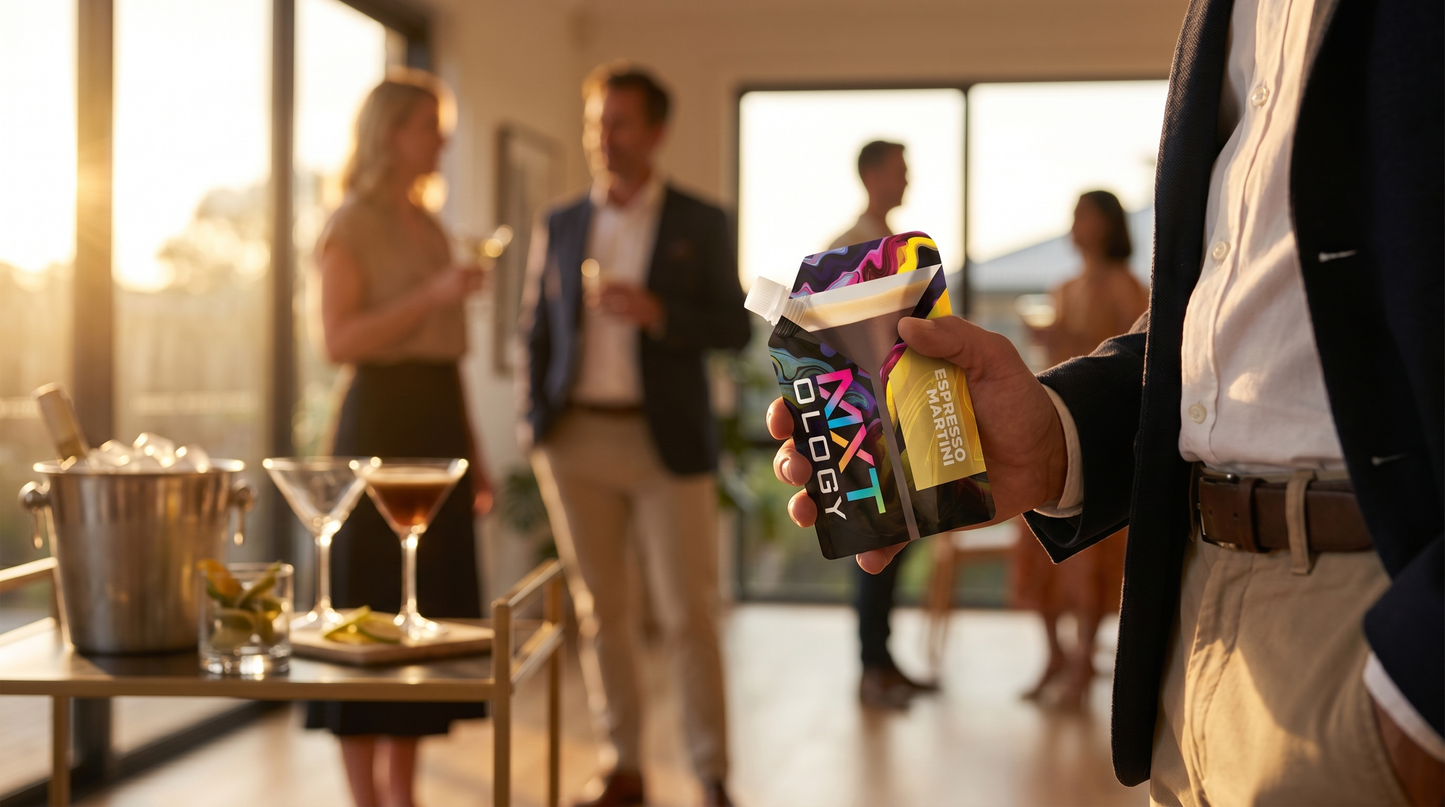 Guest holding an MXTology Espresso Martini cocktail pouch at a relaxed cocktail party at home