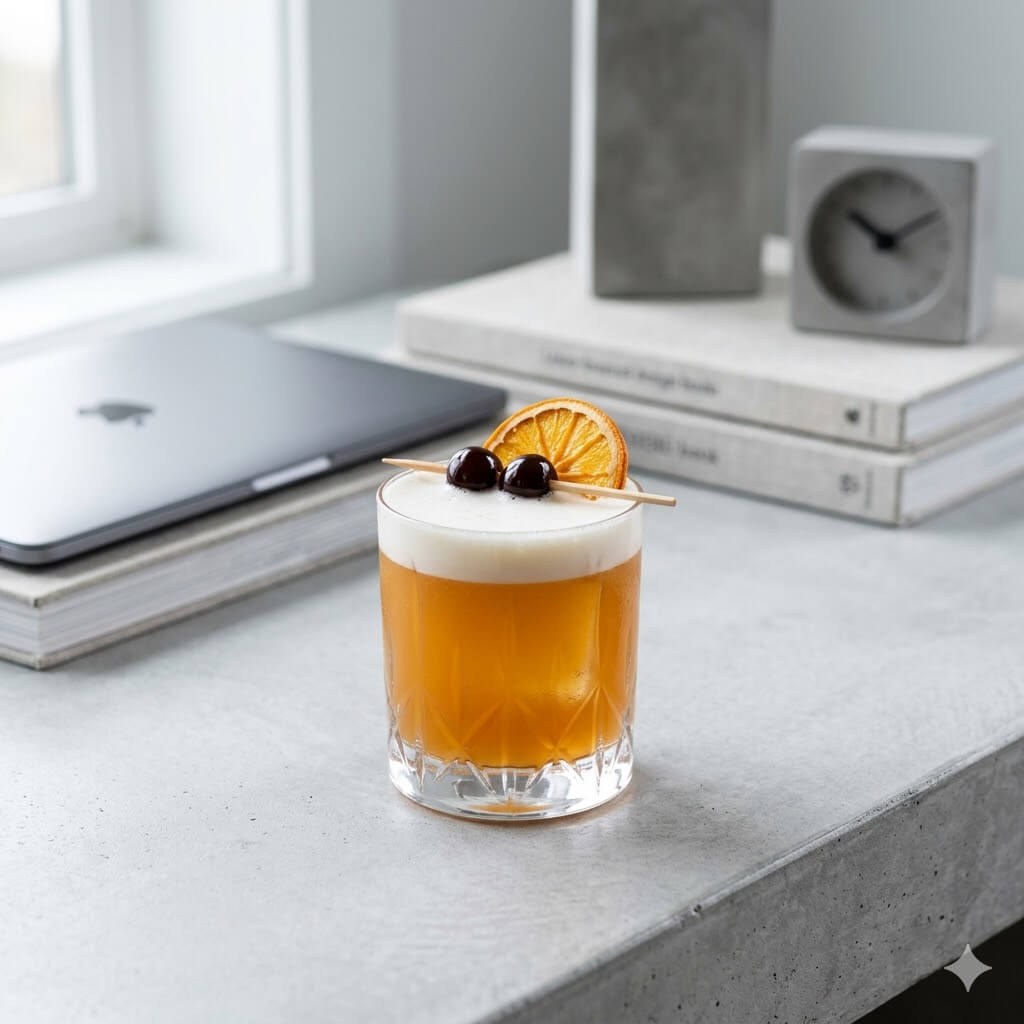Amaretto Whisky Sour cocktail poured over ice with foam, cherries and orange wheel garnish