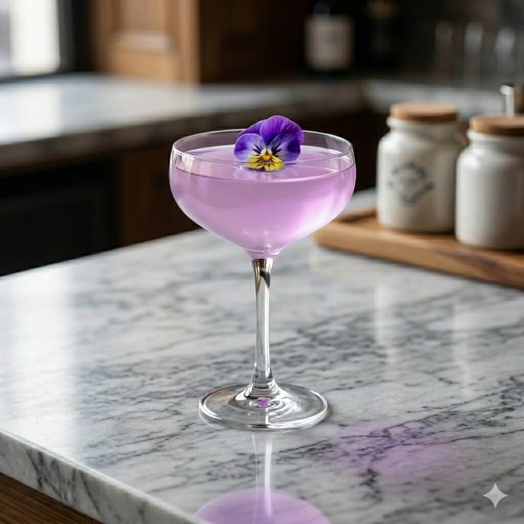 Pink Elderflower Gin Gimlet served in a coupe topped with an edible flower on marble