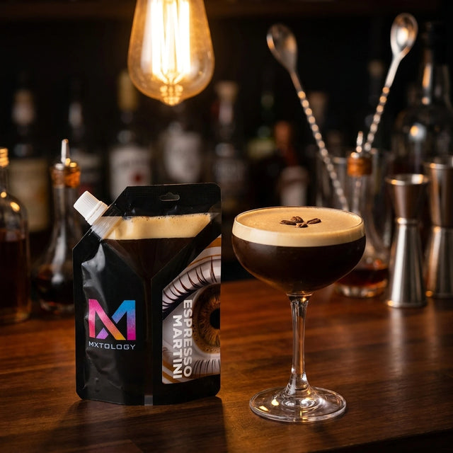 Espresso Martini MXTOLOGY cocktail pouch, shaken and activated with crema on top, beside a foamy coupe on a dark bar