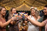 Bridal party toasting with MXTOLOGY Pornstar Martini cocktail pouches on lanyards at a hens night