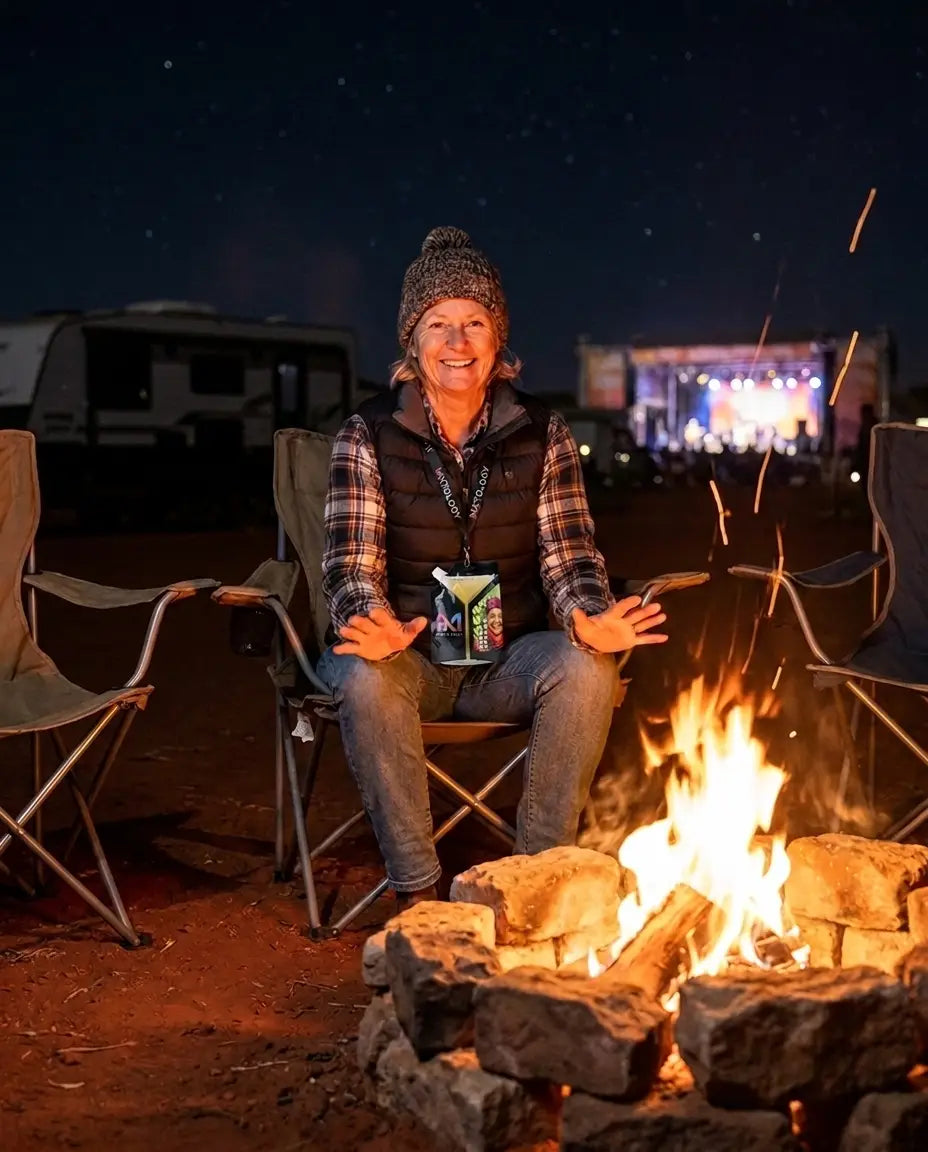 MXTOLOGY cocktail pouch on a lanyard by a campfire — hands-free at camp