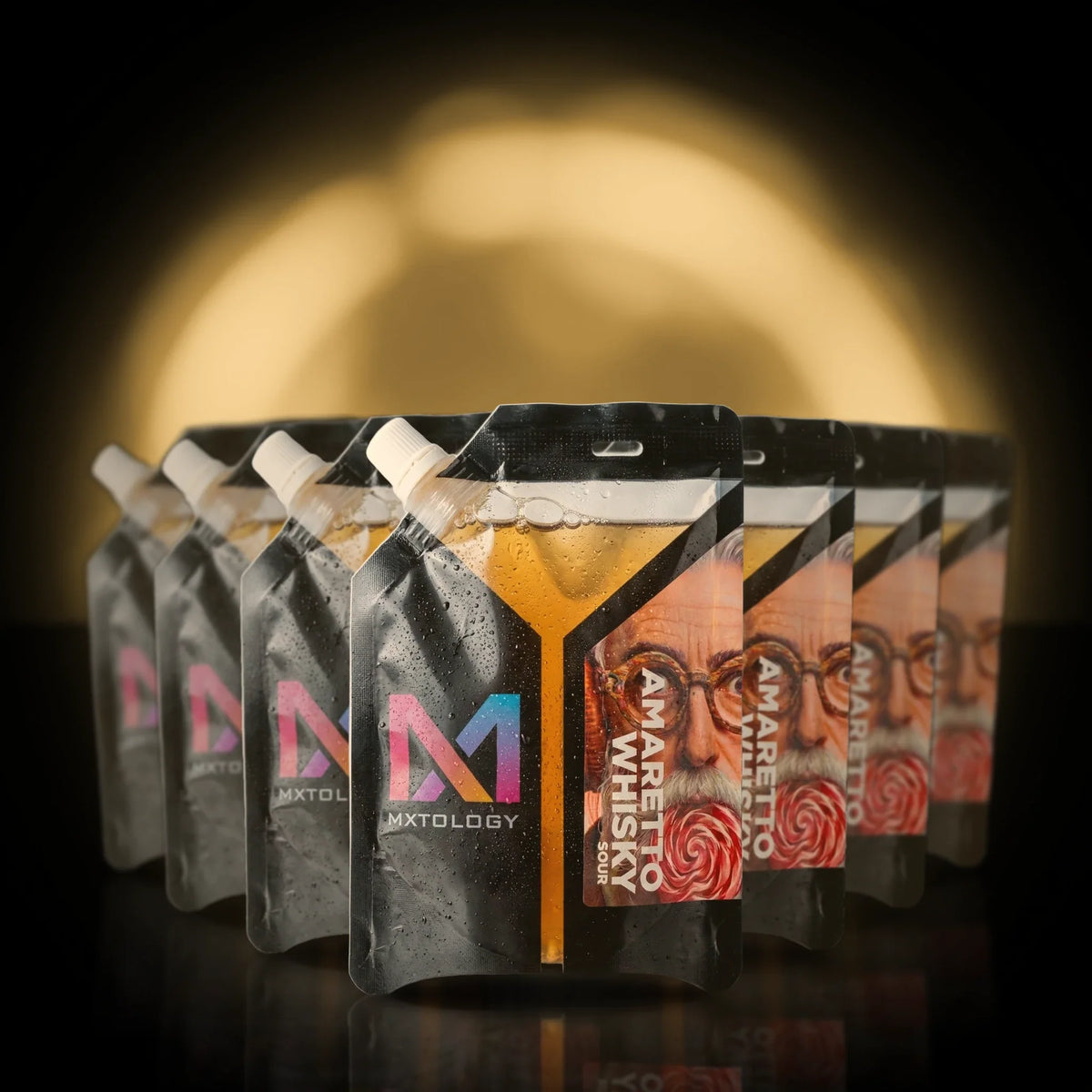 MXTOLOGY Amaretto Whisky Sour 10-pack stacked under neon light