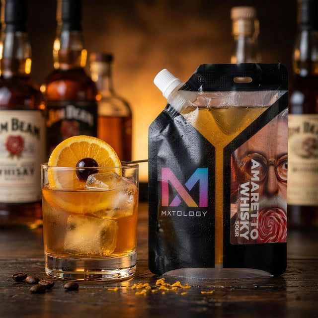 Amaretto Whisky Sour cocktail in a rocks glass beside the MXTOLOGY pouch