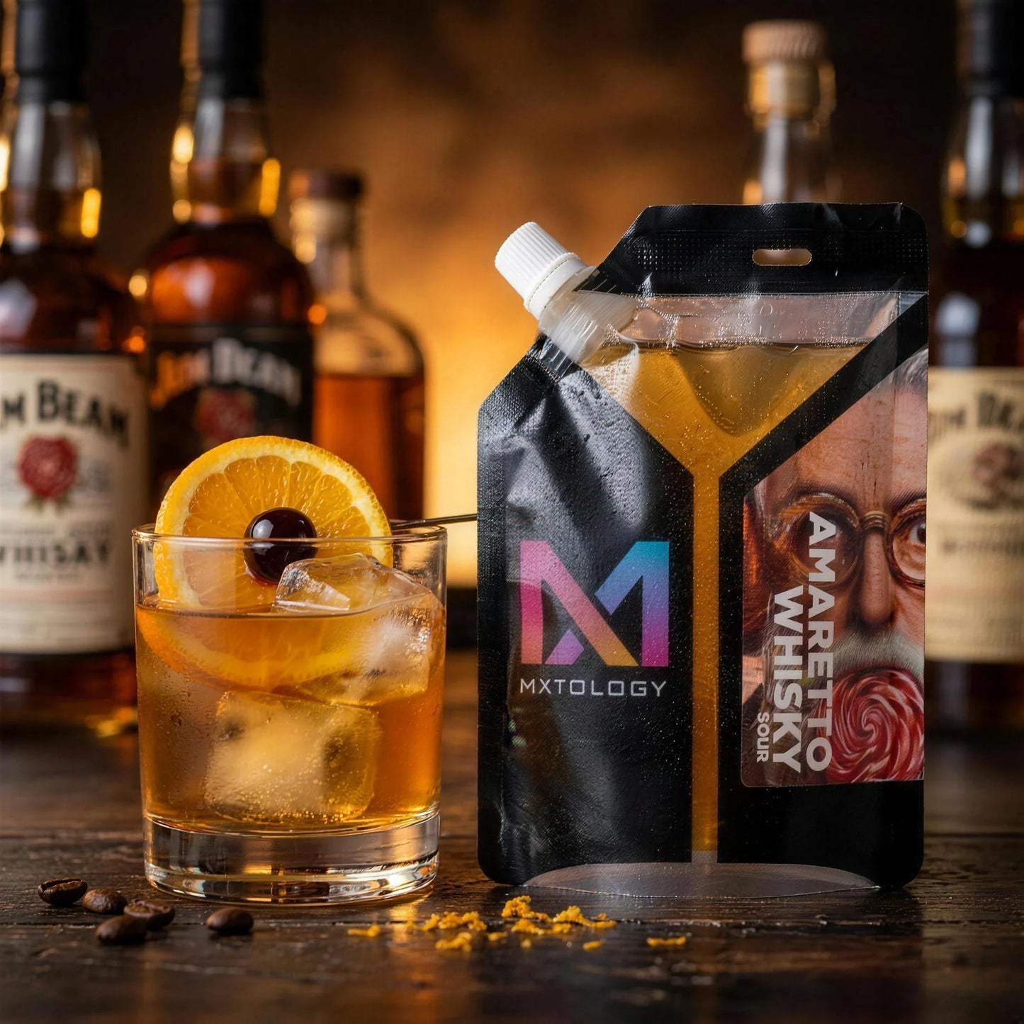 Amaretto Whisky Sour cocktail beside the MXTOLOGY pouch