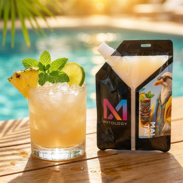 Mai Tai cocktail beside the MXTOLOGY pouch