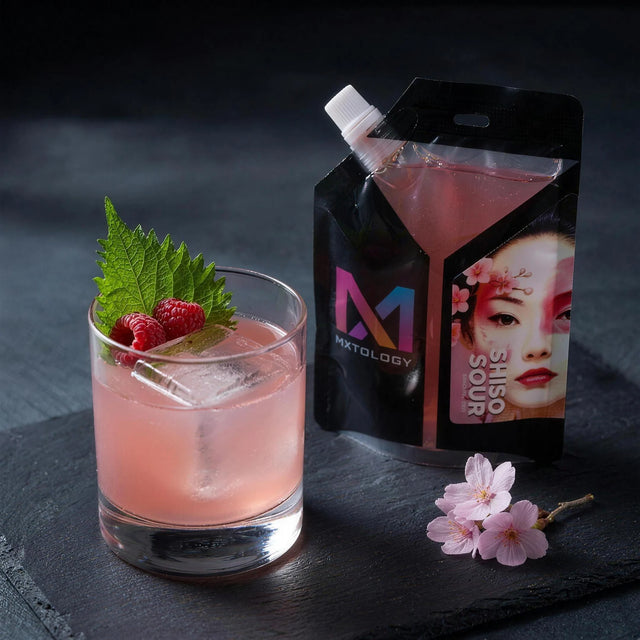 Shiso Sour cocktail beside the MXTOLOGY pouch