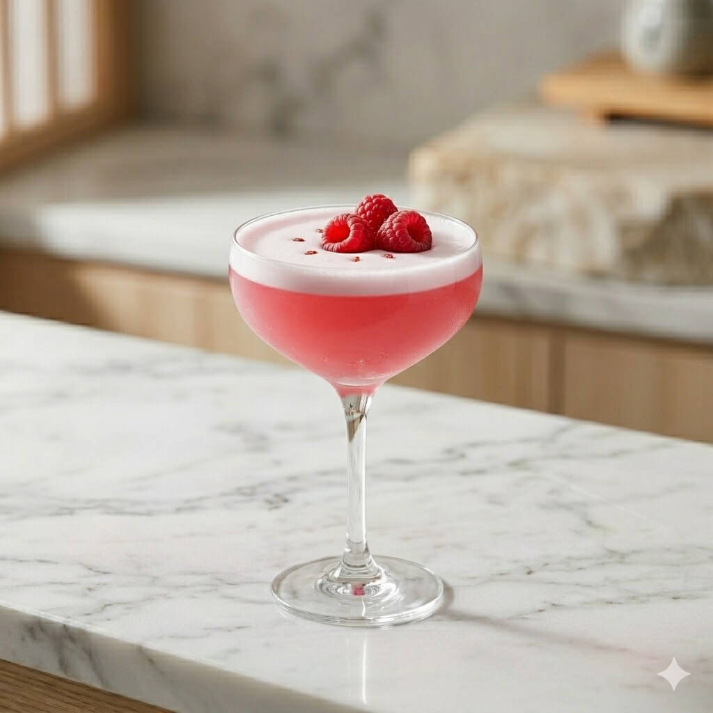 Shiso Sour cocktail in a coupe with pink foam and fresh raspberries on marble